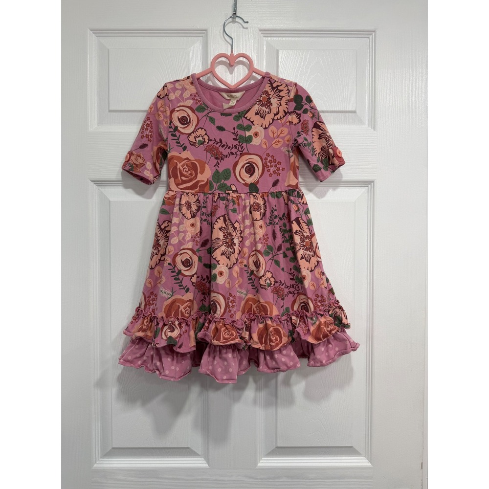 Matilda Jane Girls Pink Floral Ruffle Tiered Short Sleeve Dress Size 6